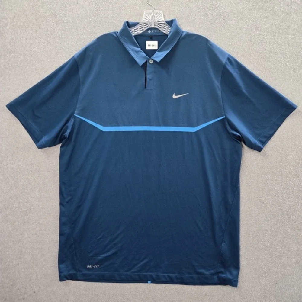 Nike Men‎ Polo XL Blue Tiger Woods Elite Cool Carbon Dri Fit Swoosh Logo Golf